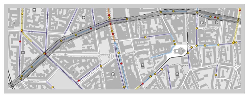 Kartenausschnitt der Kölner Innenstadt: Hervorgehoben ist die Strecke von der Lindenstraße im Westen über Schaafenstraße, Marsilstein und Lungengasse bis zum Neumarkt im Osten.